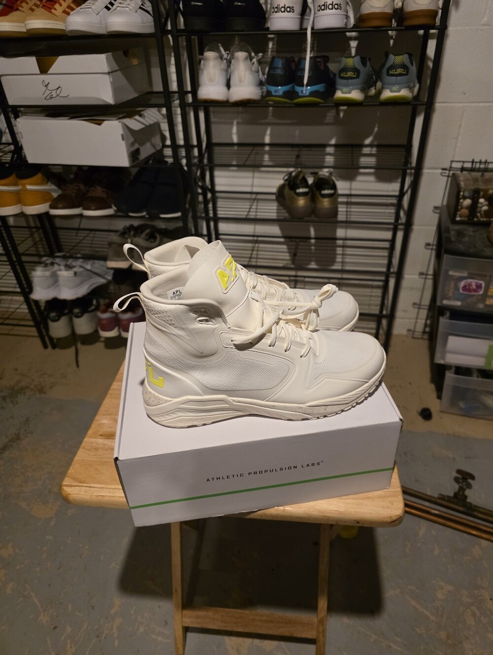 APL White High-Top Sneakers with Neon Yellow Accents